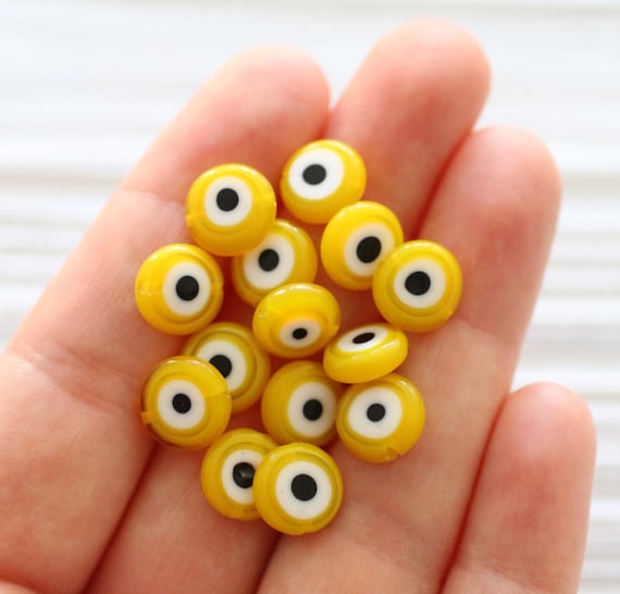 15", 36pc, 10mm yellow evil eye beads, flat glass beads, lamp work beads, golden, yellow evil eye, bracelet beads, round evileye beads, EE10