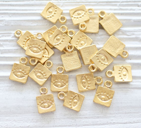 10pc gold charms with evil eye, square bracelet charms, evil eye charm, good luck charms, necklace earring charms, bracelet dangle