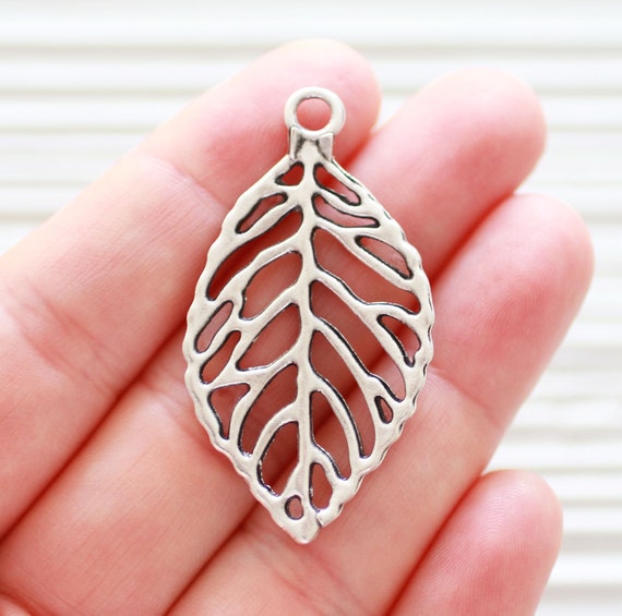 Leaf charm pendant, filigree leaf silver, hammered leaf, silver rustic pendant dangle, earring charms silver, romantic leaf charm