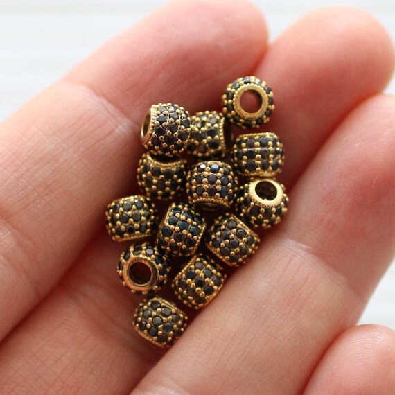 3pc, 6mm black rhinestone rondelle beads, gold rhinestone beads, pave beads, Christmas jet stone beads, rondelles, bead spacers, large hole