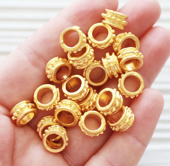 10pc gold barrel beads, bracelet beads, spacer slider beads, textured beads, hammered tube beads, large hole beads, rondelle, necklace beads