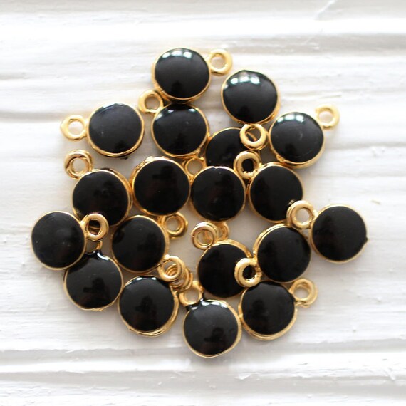 10pc black charm, enamel charms, mini round gold charms, Christmas charms, earrings charm, bracelet dangle, mini black pendant, black