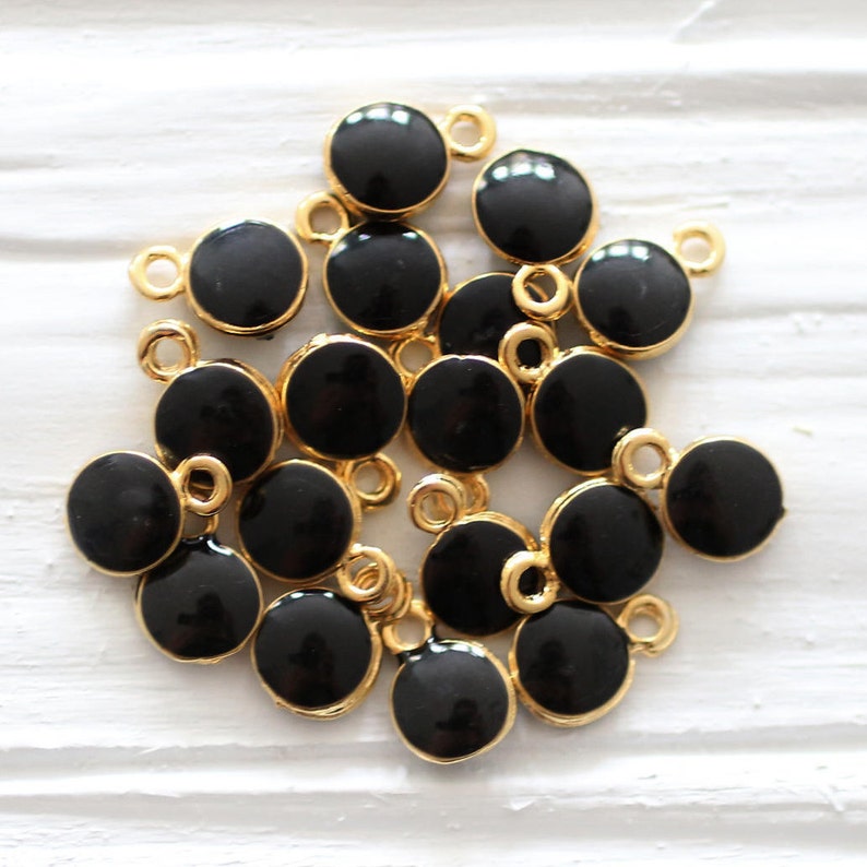 10pc black charm, enamel charms, mini round gold charms, Christmas charms, earrings charm, bracelet dangle, mini black pendant, black image 1