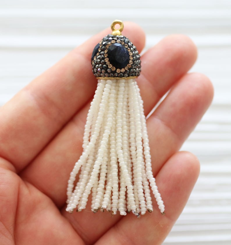 Beaded tassel with lapis gemstone cap glass bead paved tassel neckalce tassel wedding earrings tassel ivory beaded tassel pendant
