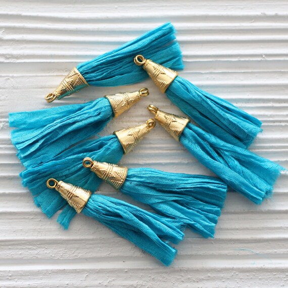 Turquoise blue sari silk tassel, short sari silk tassel, sari silk, gold cap sari silk tassel, silk tassels, silk earrings tassel, aqua, N28