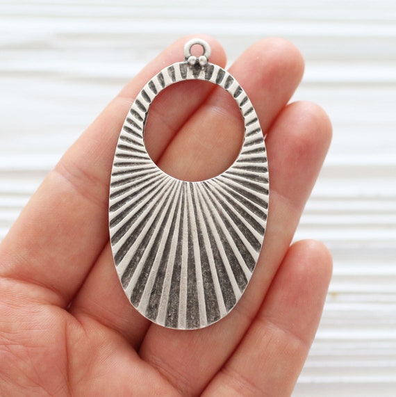 Oval pendant silver, drop pendant dangles, hammered pendant, tribal big pendant, rustic focal piece, earring charms