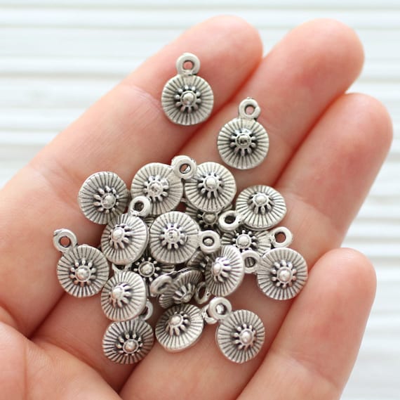 10pc tribal charms silver, earring charms, round silver beads, dangles, round charms silver, silver charms for necklaces, bracelets charms