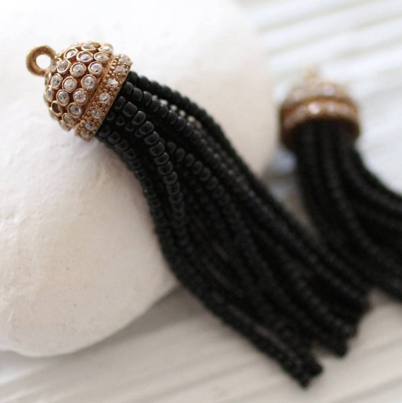 Black beaded tassel with rhinestone antique tassel cap, black seed bead tassel, black earrings tassel, necklace tassel pendant, tassel