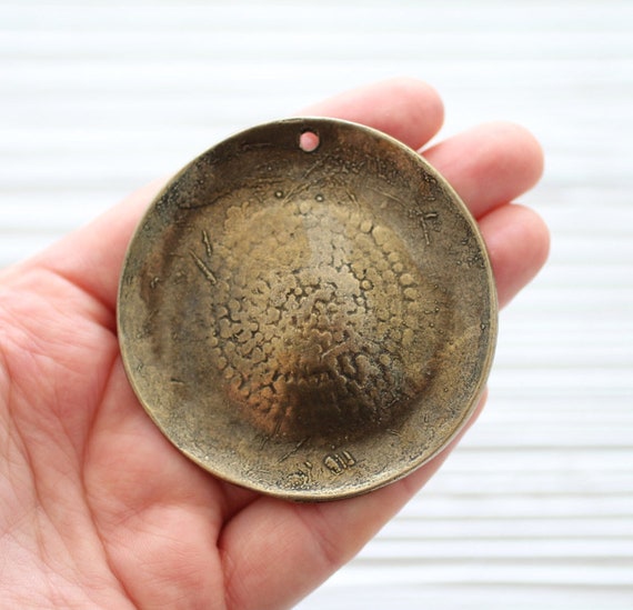 Antique gold medallion, tribal pendant, large round pendant, large medallion, antique pendant, hammered pendant, boho pendant, rustic