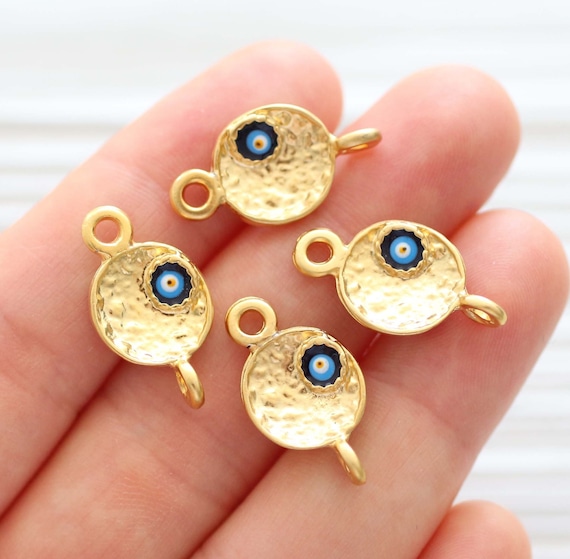 4pc evil eye connector, enamel jewelry, navy blue evil eye charm, gold evil eye, gold connectors, good luck beads, evil eye beads, L