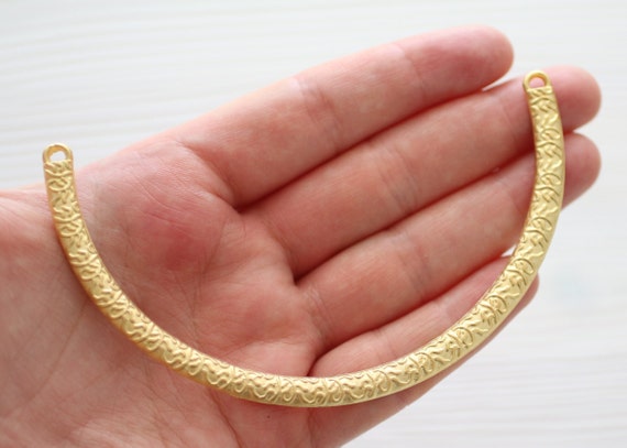 Collar necklace, matte gold, metal collar, crescent moon pendant, bar connector, large gold crescent, hammered bar pendant, gold connectors