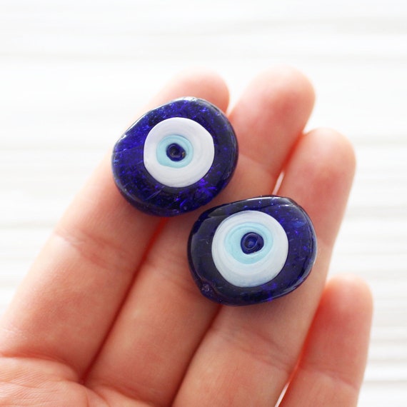 4pc blue evil eye beads, flat glass beads, lamp work beads, navy blue, blue large evil eye, glass beads, organic shaped glass beads, DIY