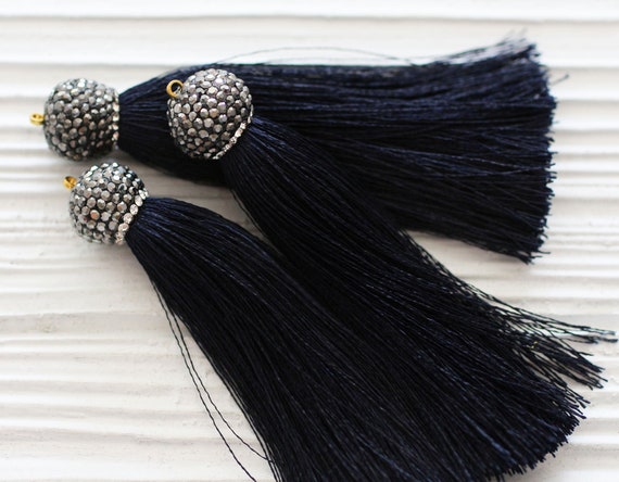 Navy tassel with rhinestone cap, navy purse tassel, silk tassel pendant, rhinestones, navy blue tassel, jewelry tassels,mala tassel with cap