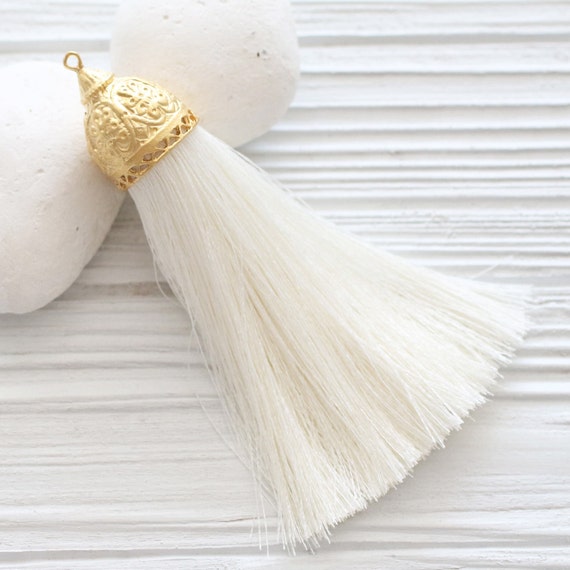 Extra large ivory silk tassel with rustic gold tassel cap, thick silk tassel, gold cap tassel, off white, DIY, necklace tassel pendant, N2