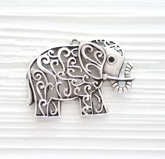 Large antigue silver filigree elephant pendant, silver elephant, filigree, animal pendant, elephant, natural findings, elephant necklace