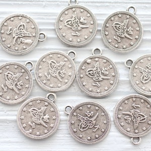 10pc large silver coins, coin charm, rustic coins, silver round charms, silver coins, flat coins, bracelet earring charms, old coins, XL