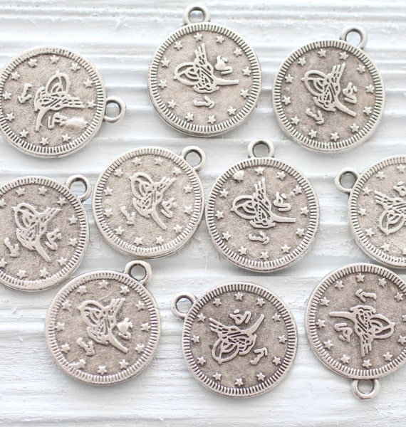 10pc large silver coins, coin charm, rustic coins, silver round charms, silver coins, flat coins, bracelet earring charms, old coins, XL