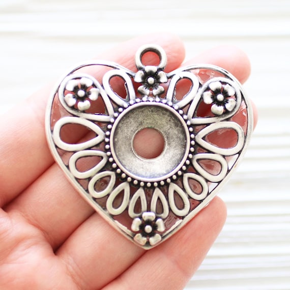 Large Silver Heart Pendant with Flowers, Ornate Filigree Jewelry Findings, Cut Out silver pendant