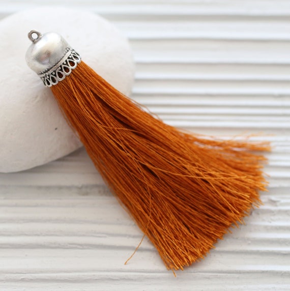 Copper silk tassel with silver tassel cap, burnt orange silk tassel, purse tassel charm, tassel, silk necklace tassel, tassel pendant, N56