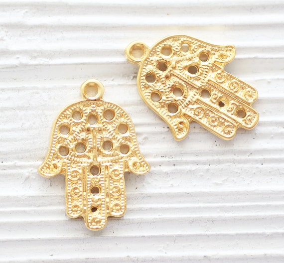 2pc Hamsa charms gold, filigree Hamsa pendant for leather necklace, bracelet charms, hand of Fatima, gold filigree findings