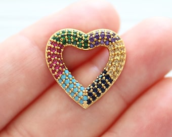 Micro pave heart pendant connector, rainbow heart charm, rhinestone pave charms, pave connector, necklace bracelet connector,heart connector