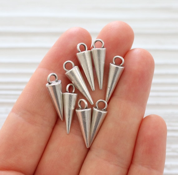 10pc silver spike charms, silver dagger charms, metal spike beads, silver charms, bracelet earring dangles, spike pendant, stick charms