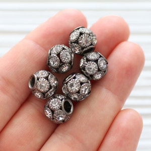 3pc, 11mm pave beads, clear rhinestone beads, gunmetal ball bead, round rhinestone bead, rondelle rhinestone spacer slider cz beads