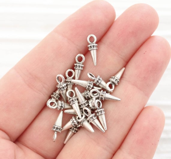 10pc silver spike beads, dagger charms, earring charms, spikes, silver metal charms, silver beads, bracelet charms, tiny beads,rustic,dagger