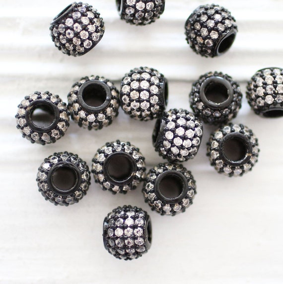 2pc, 8mm black rhinestone rondelle beads, black rhinestone beads, pave beads, Christmas jet stone beads, rondelles, bead spacers, large hole