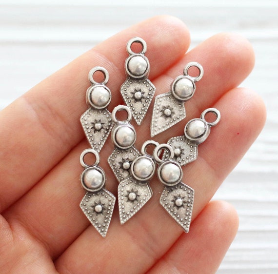 10pc tribal charms, silver spike charms, dagger, mini spike pendant, silver necklace charms, earrings dangle, rustic, large hole charm