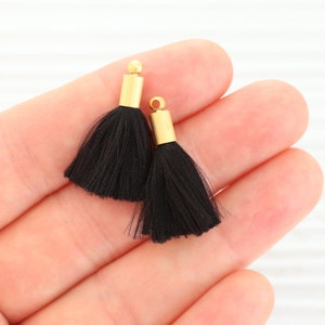May include: Two black tassel trim with gold metal caps. The tassels are soft and fluffy.