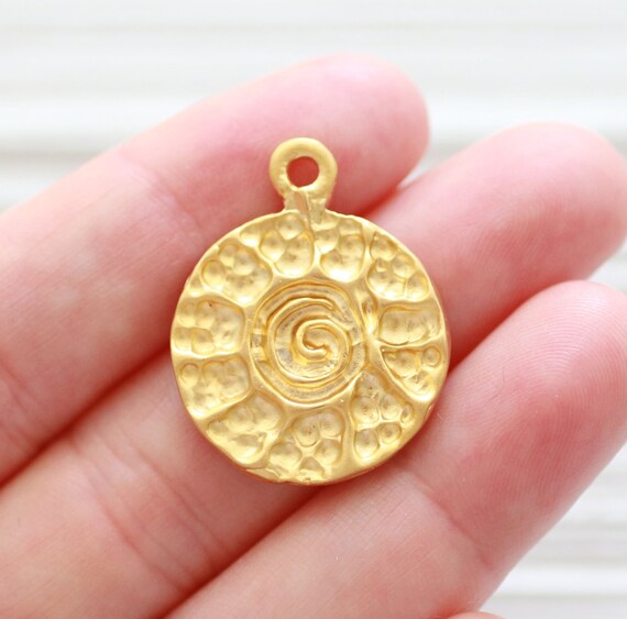 Gold spiral pendant, round pendant, hammered tribal pendant, rustic pendant, boho findings for jewelry making