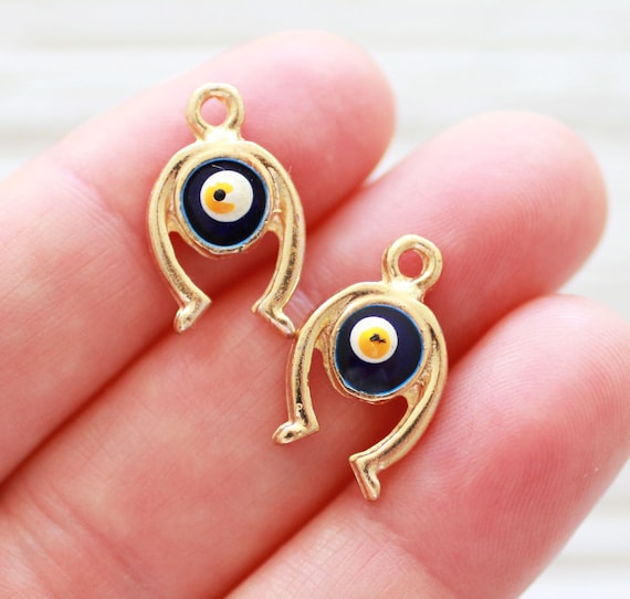 2pc evil eye charms, navy blue, horseshoe charm gold, good luck charms, lucky charms, earrings, necklace findings