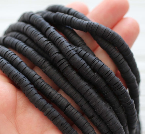 2 strands, 16", black vinyl beads, polymer beads black, heishi beads, polymer clay beads, 5mm round rondelle beads, bracelet spacer beads