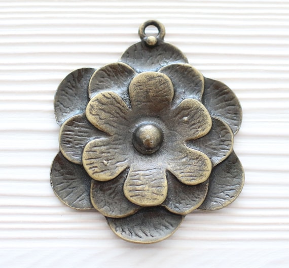 Large flower medallion antique gold large metal pendant antique large medallion large round pendant artisan hammered pendant boho rustic