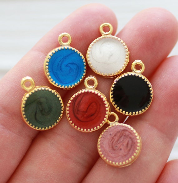 5pc enamel round charm, necklace charm, round gold charms, earring dangle, bracelet charms, necklace pendant charms, white,black,blue,green