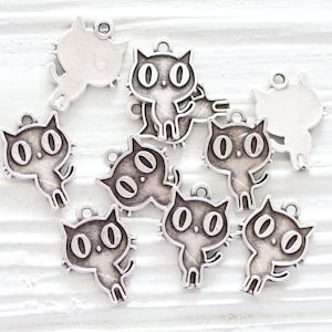 10pc cat charms silver, cute animal charms, keychain charm, cat lover pendant for leather, kitten charms, bracelet, earrings charms