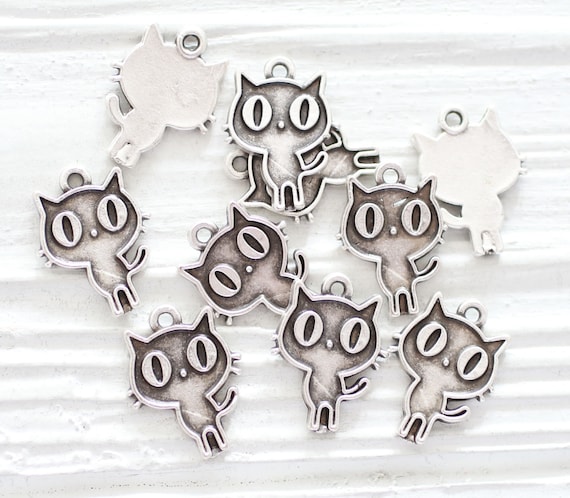 10pc cat charms silver, cute animal charms, keychain charm, cat lover pendant for leather, kitten charms, bracelet, earrings charms