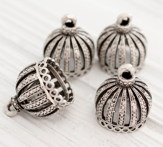 2pc filigree tassel cap silver, large crown metal bead caps, silver bead cones, large silver end caps, ornate tassel cap, tribal bead cap, L