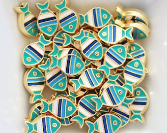 4pc fish charms, fish beads, slider beads for leather bracelets, spacer beads, blue charms, enamel sliding beads, gold bead spacers