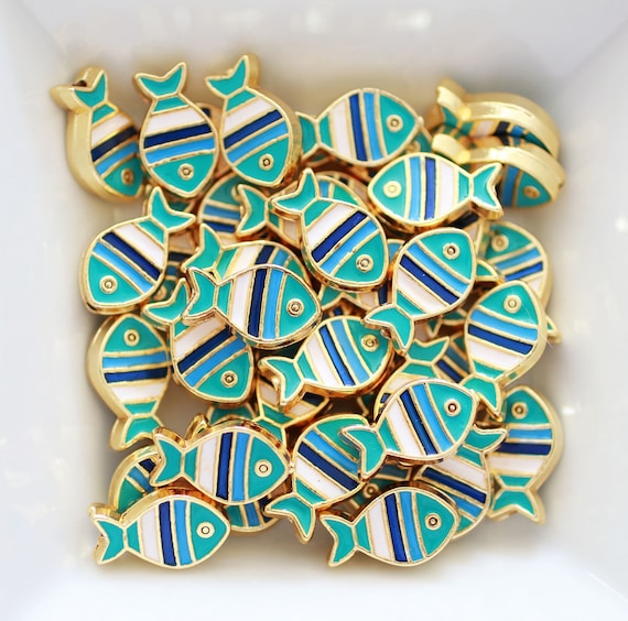 4pc fish charms, fish beads, slider beads for leather bracelets, spacer beads, blue charms, enamel sliding beads, gold bead spacers