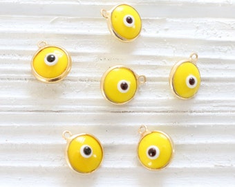 5pc yellow evil eye charms,  good luck beads, evil eye beads, bracelet charms, glass beads, evil eye necklace pendant, gold bezel evil eye