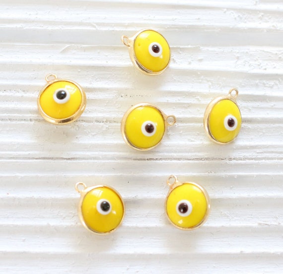 5pc yellow evil eye charms,  good luck beads, evil eye beads, bracelet charms, glass beads, evil eye necklace pendant, gold bezel evil eye