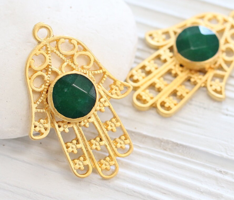 Gold filigree Hamsa pendant with gemstone, green jade pendant, gold ...