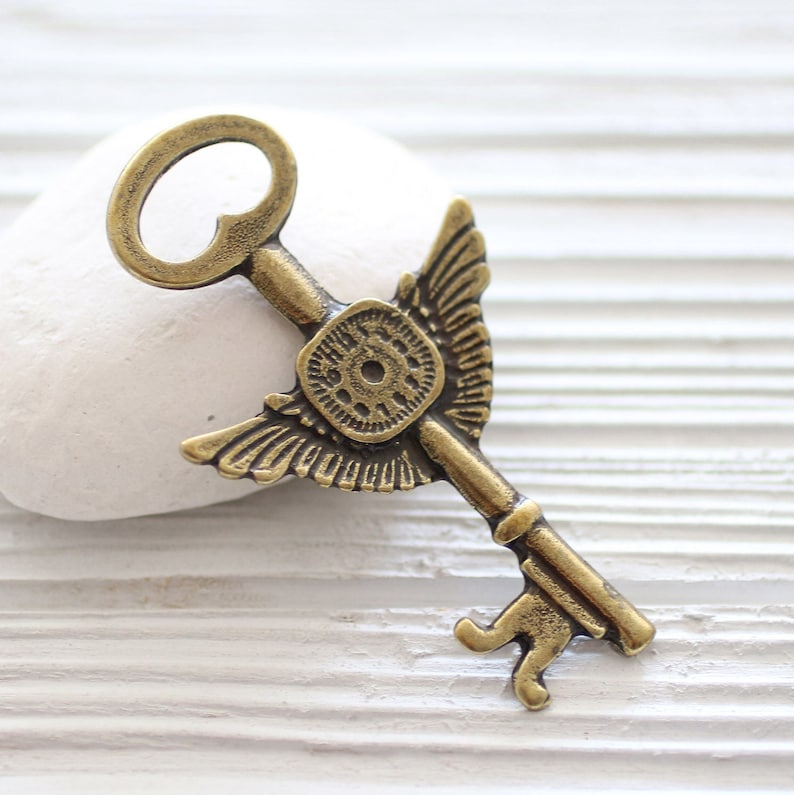 Key pendant large key pendant angle wings clock pendant vintage and old look key pendant key medallion rustic key antique gold key