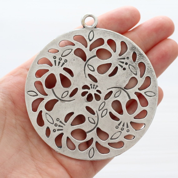 Large tribal medallion, flower cut out pendant, flower pendant, round tribal pendant, silver medallion, artisan, rustic silver pendant