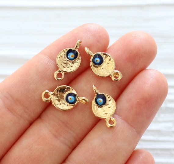 4pc evil eye connector, enamel jewelry, navy blue evil eye charm, gold evil eye, mini gold connectors, good luck beads, evil eye beads, M