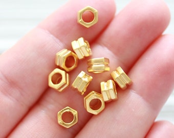 10pc hexagon heishi beads, 6mm, gold rondelle beads, tube beads, metal spacer beads, necklace beads, large hole bracelet beads, bead spacers