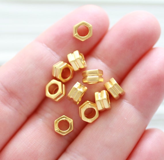 10pc hexagon heishi beads, 6mm, gold rondelle beads, tube beads, metal spacer beads, necklace beads, large hole bracelet beads, bead spacers