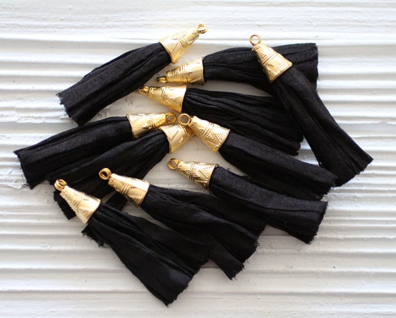 Black silk tassel, sari silk tassel, short silk tassel, black tassel, tassel earrings, jewelry tassels, tassel, gold cap, necklace tassel,N8